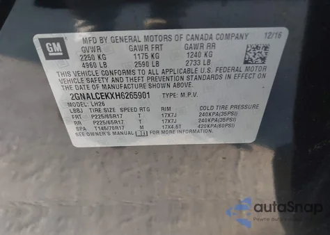 2017 Chevrolet Equinox Lt from USA, damaged, VIN 2GNALCEKXH6265901